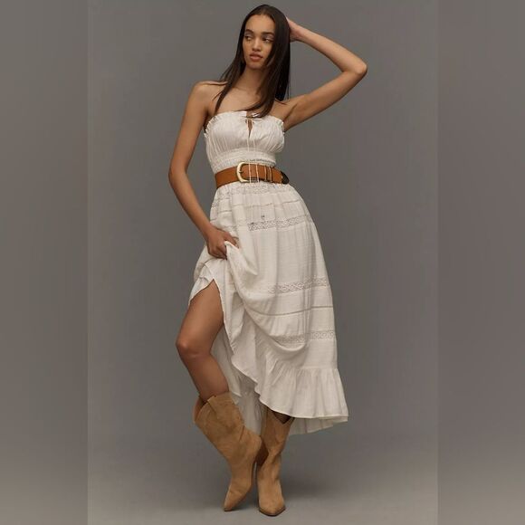 Anthropologie Maeve Strapless Smocked Midi Dress In White Size Medium NWT - Picture 1 of 8